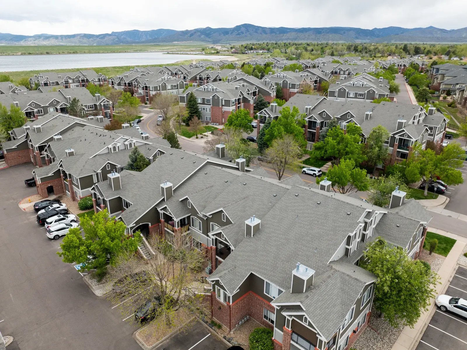 Aerial view of a residential community with tree-lined streets and pitched roofs.