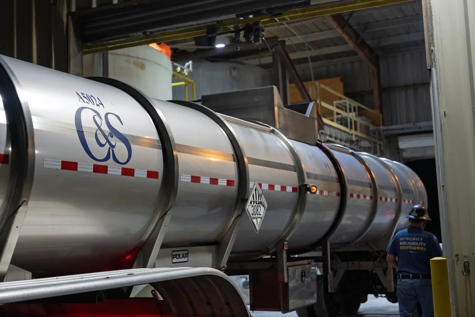 A C&S tanker trailer inside a service bay.