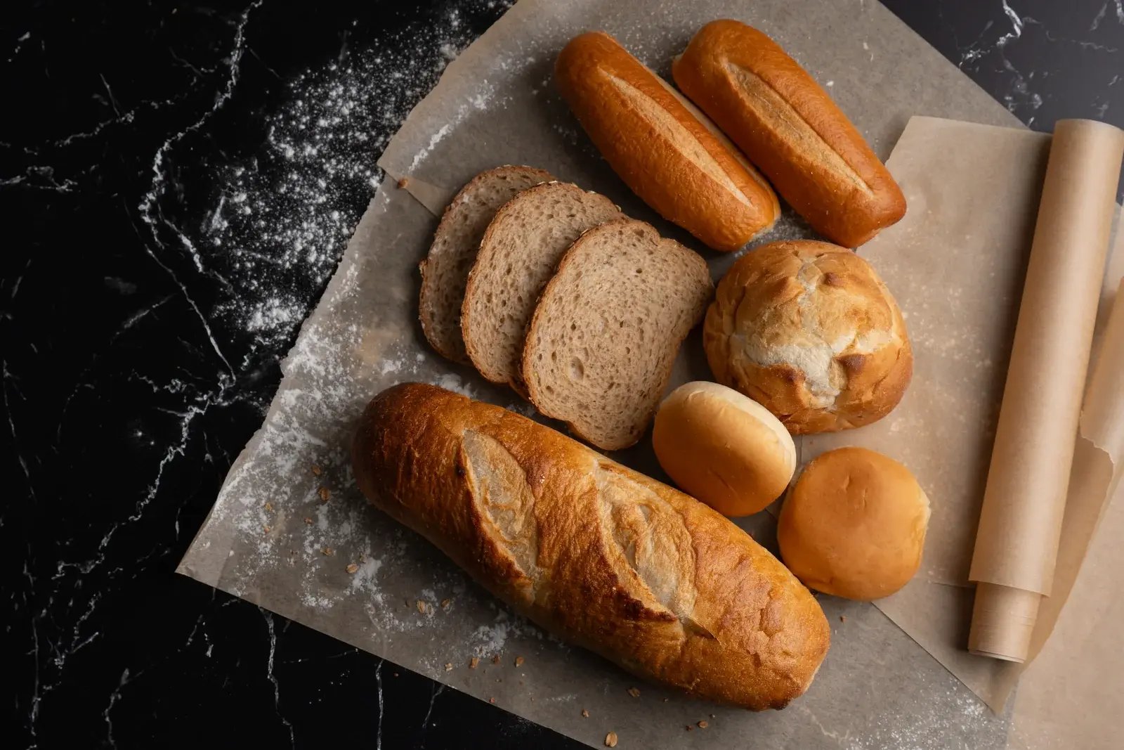 An assortment of bread loaves and rolls on parchment over a dark work surface.