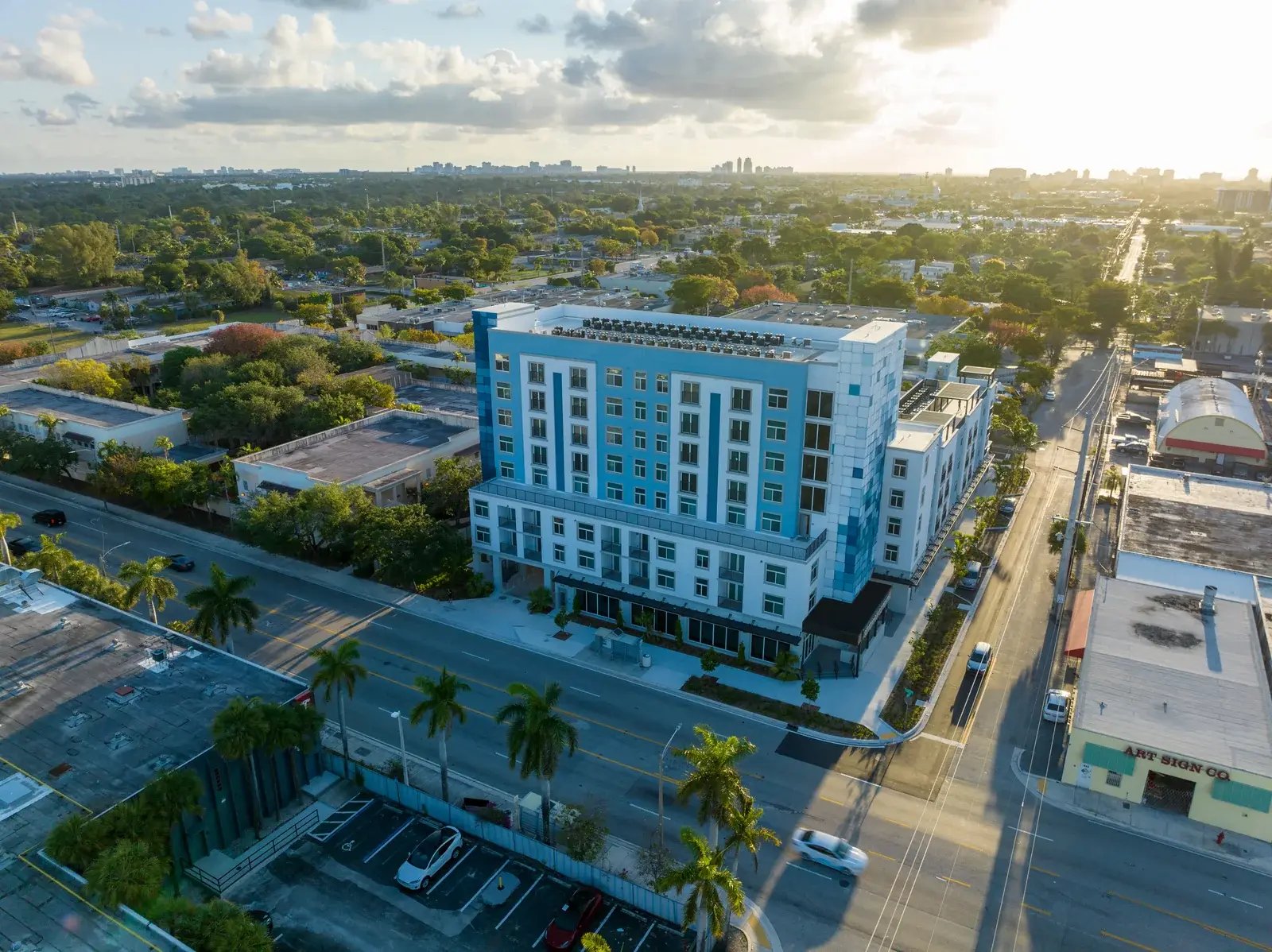 Aerial view of Seven on Seventh and the surrounding neighborhood in evening light.