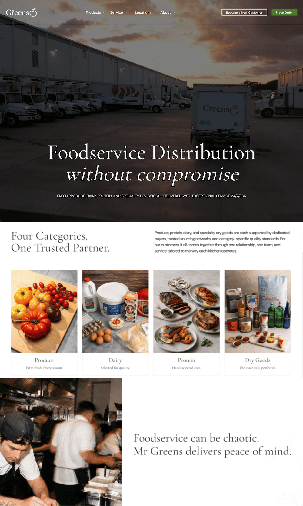 Mr Greens homepage with its distribution team, products and foodservice offering