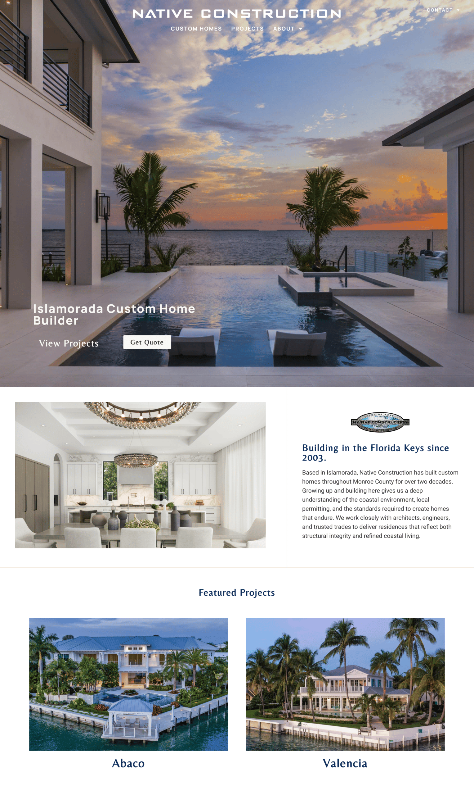 Native Construction homepage showing a waterfront custom home, company introduction and featured projects