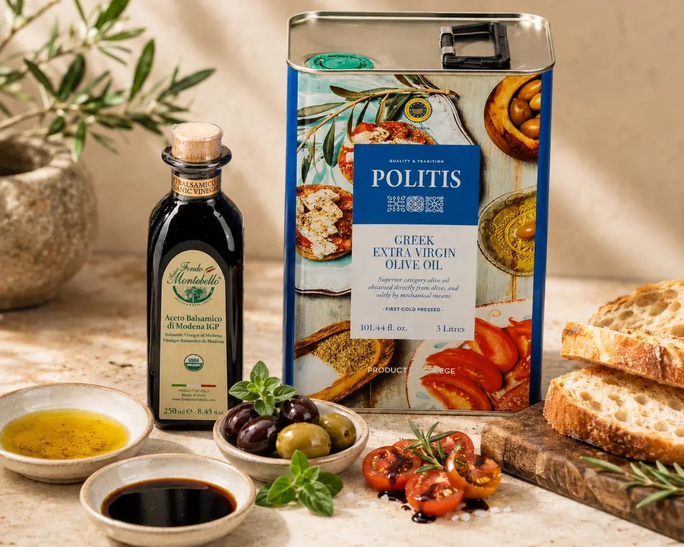 Olive oil and balsamic vinegar with bread, olives and tomatoes on a sunlit table.
