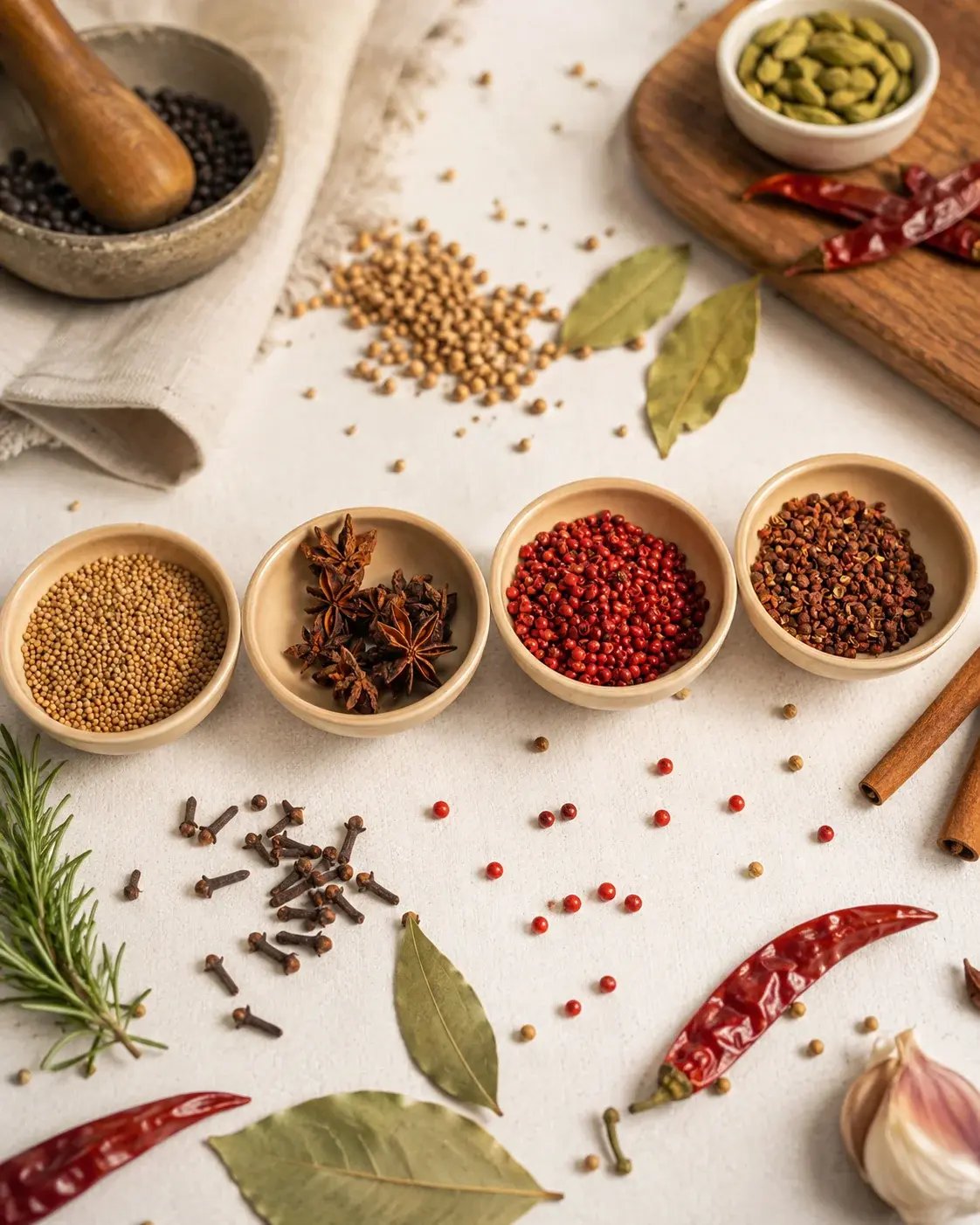 Bowls of seeds, star anise and peppercorns with scattered herbs and spices on pale linen.